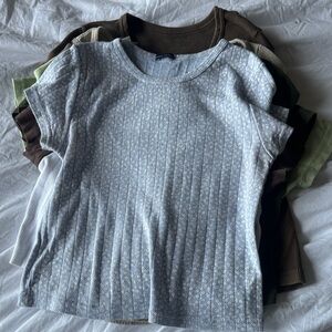 Brandy Melville Light Blue Floral Ribbed Short Sleeve Tee